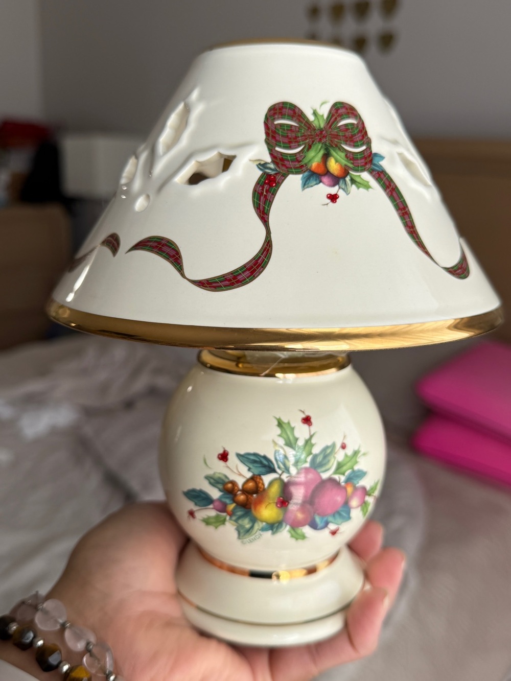 Lenox Cream Ceramic Table Lamp with Holiday Fruit & Ribbon Motif